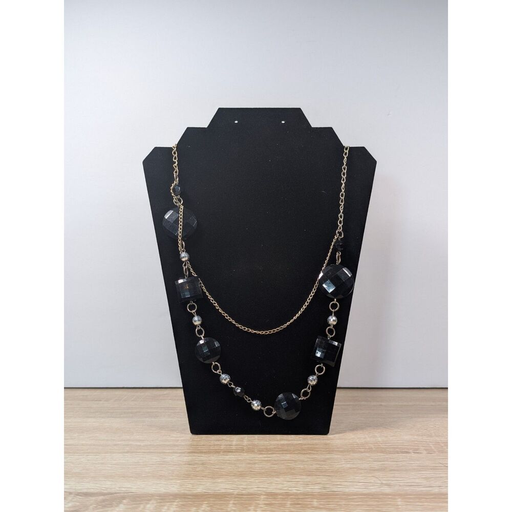 Black Faceted Bead Necklace 37 Inch – Long Layered Chain Statement Jewelry